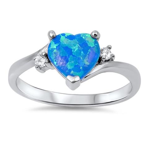 Heart Promise Ring Lab Created Blue Opal Round CZ 925 Sterling Silver