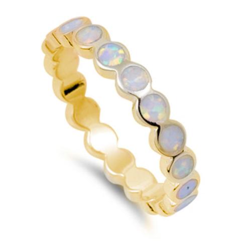 Eternity Wedding Ring Yellow Tone, Lab White Opal 925 Sterling Silver