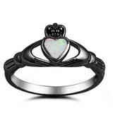 Claddagh Crown Ring Black Tone, Lab White Opal 925 Sterling Silver