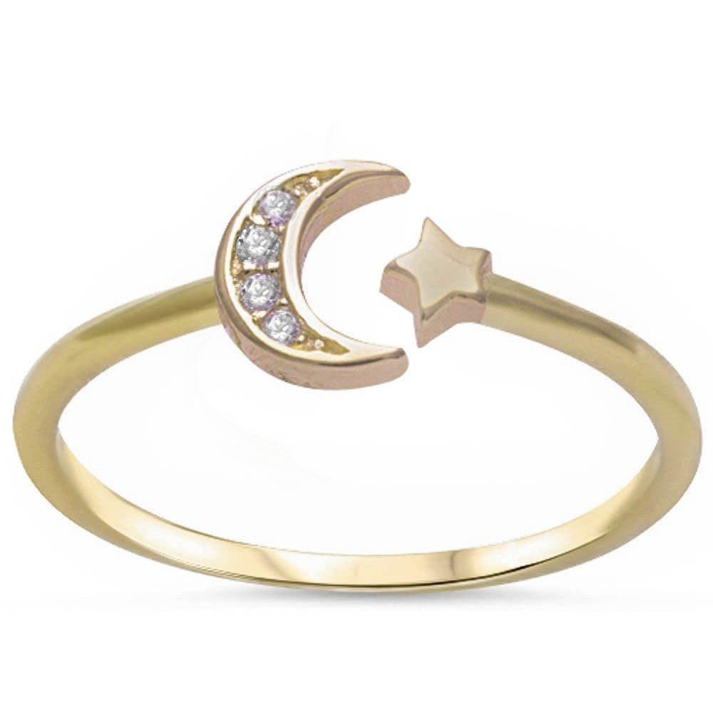 Crescenet Moon & Star Ring Yellow Tone, Simulated CZ 925 Sterling Silver