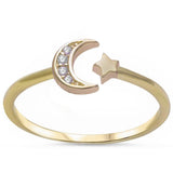 Crescenet Moon & Star Ring Yellow Tone, Simulated CZ 925 Sterling Silver
